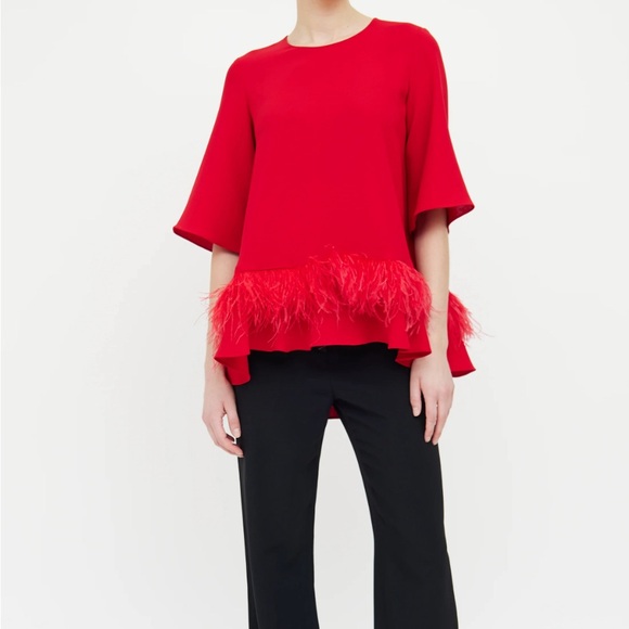 Carolina Herrera Red Blouse with Feathers - Picture 2 of 2